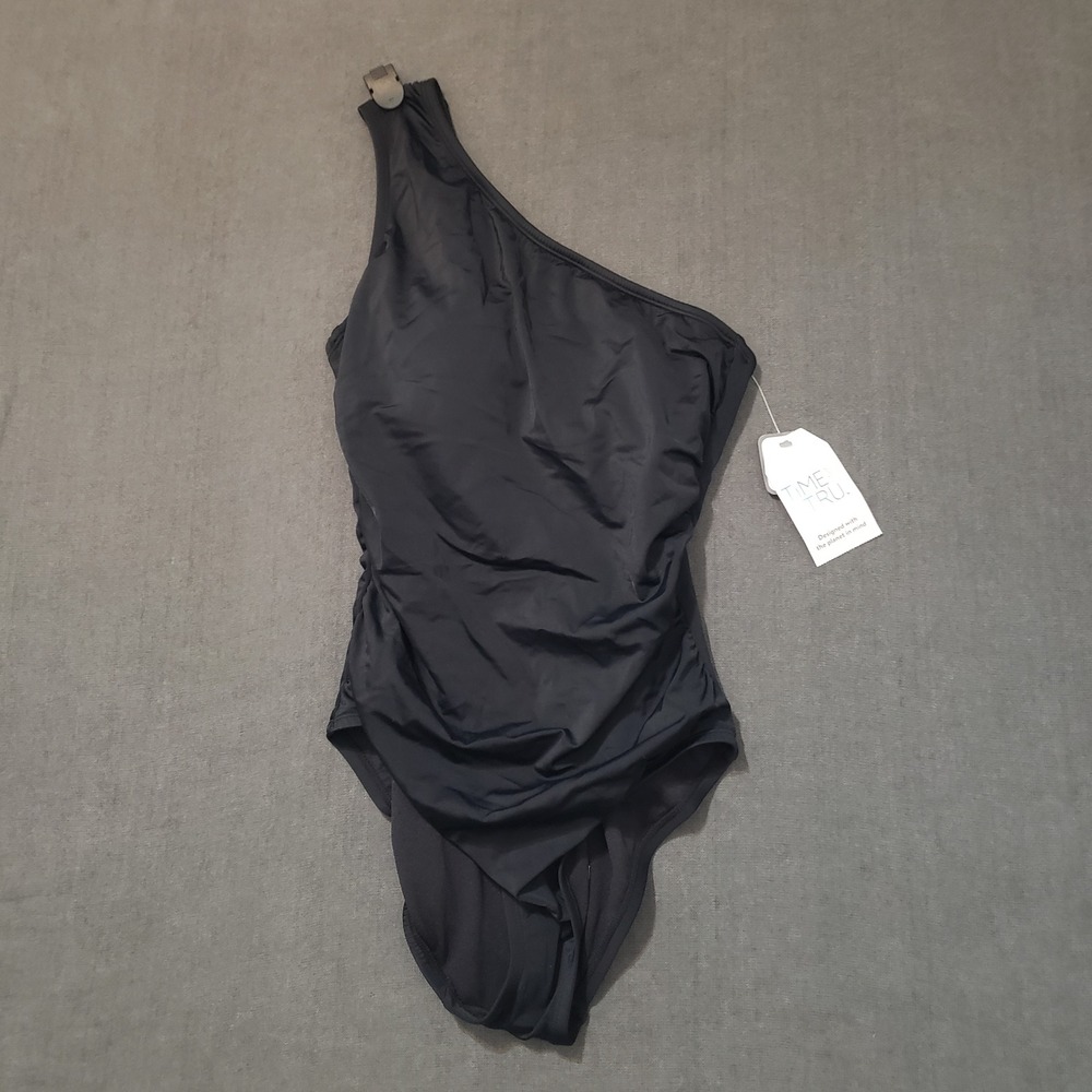 Time and Tru One Piece Swimsuit Womens S 4-6 Black One Shoulder Ruched NWT